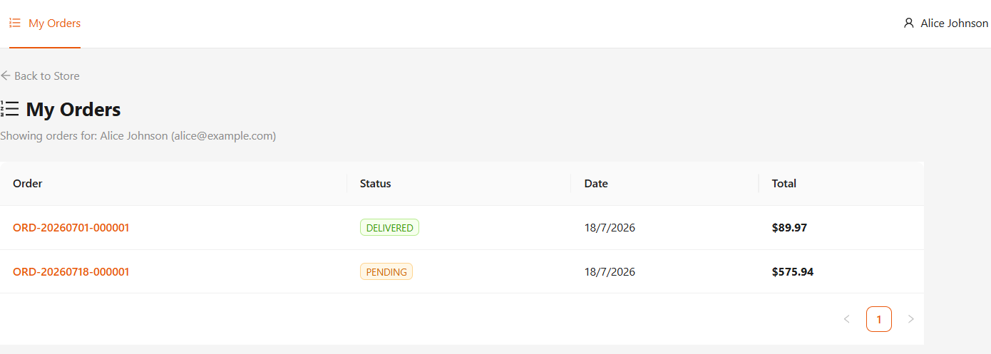 My Orders page with order list, status badges, dates, and totals