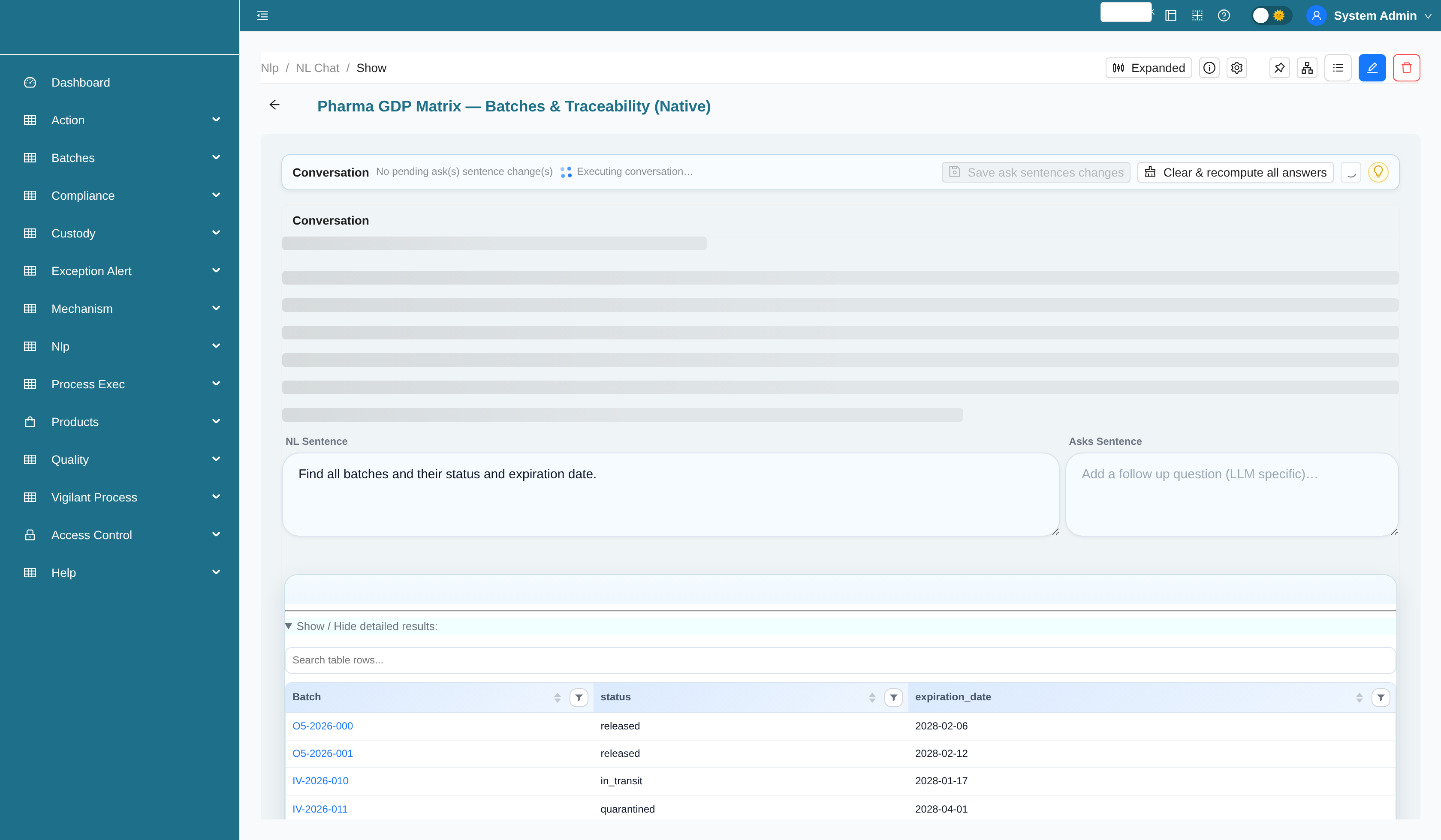 Batches and traceability analytics chart generated by NL query