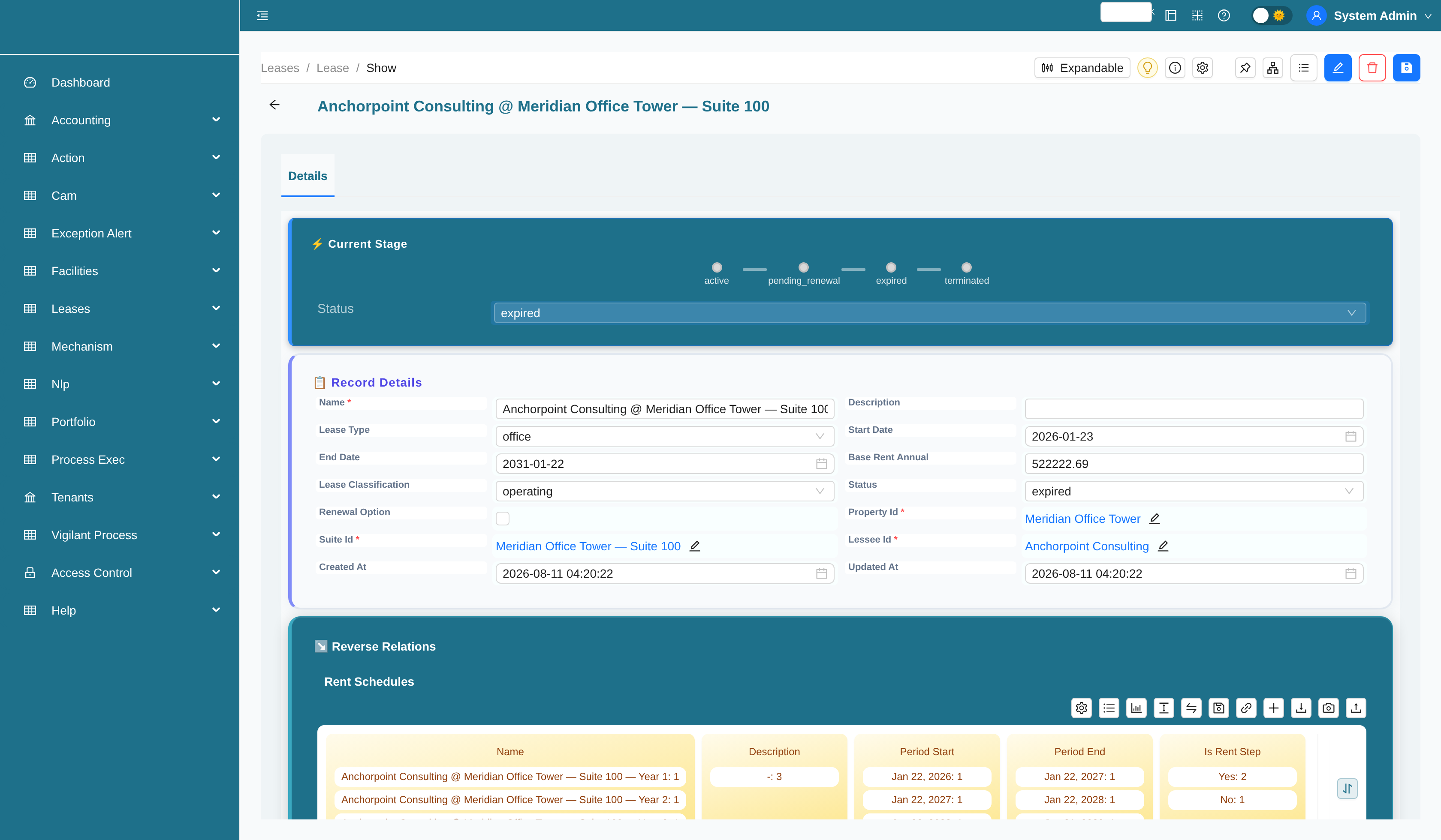 Lease record with status workflow stage bar