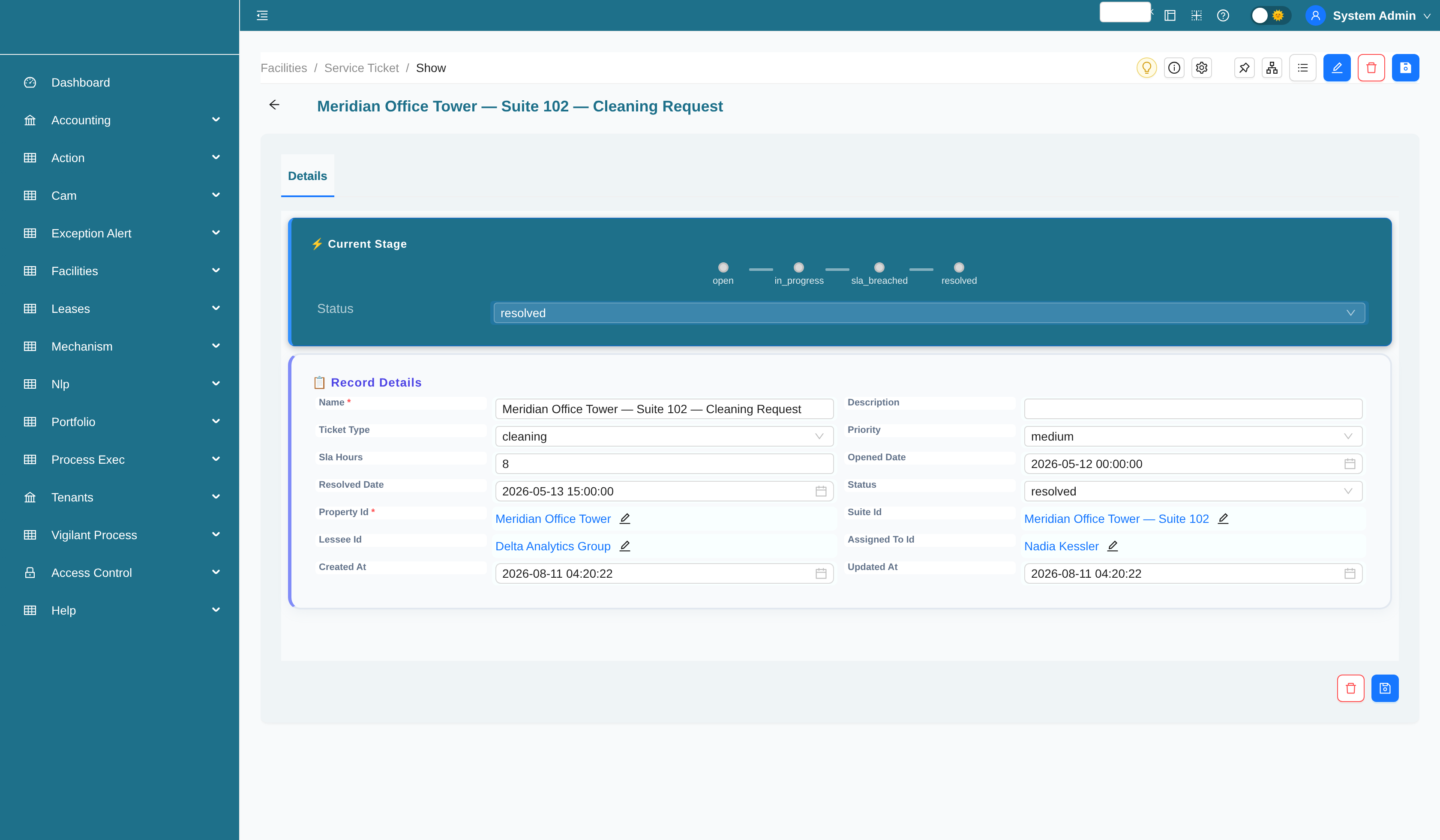 Service ticket record with status workflow stage bar