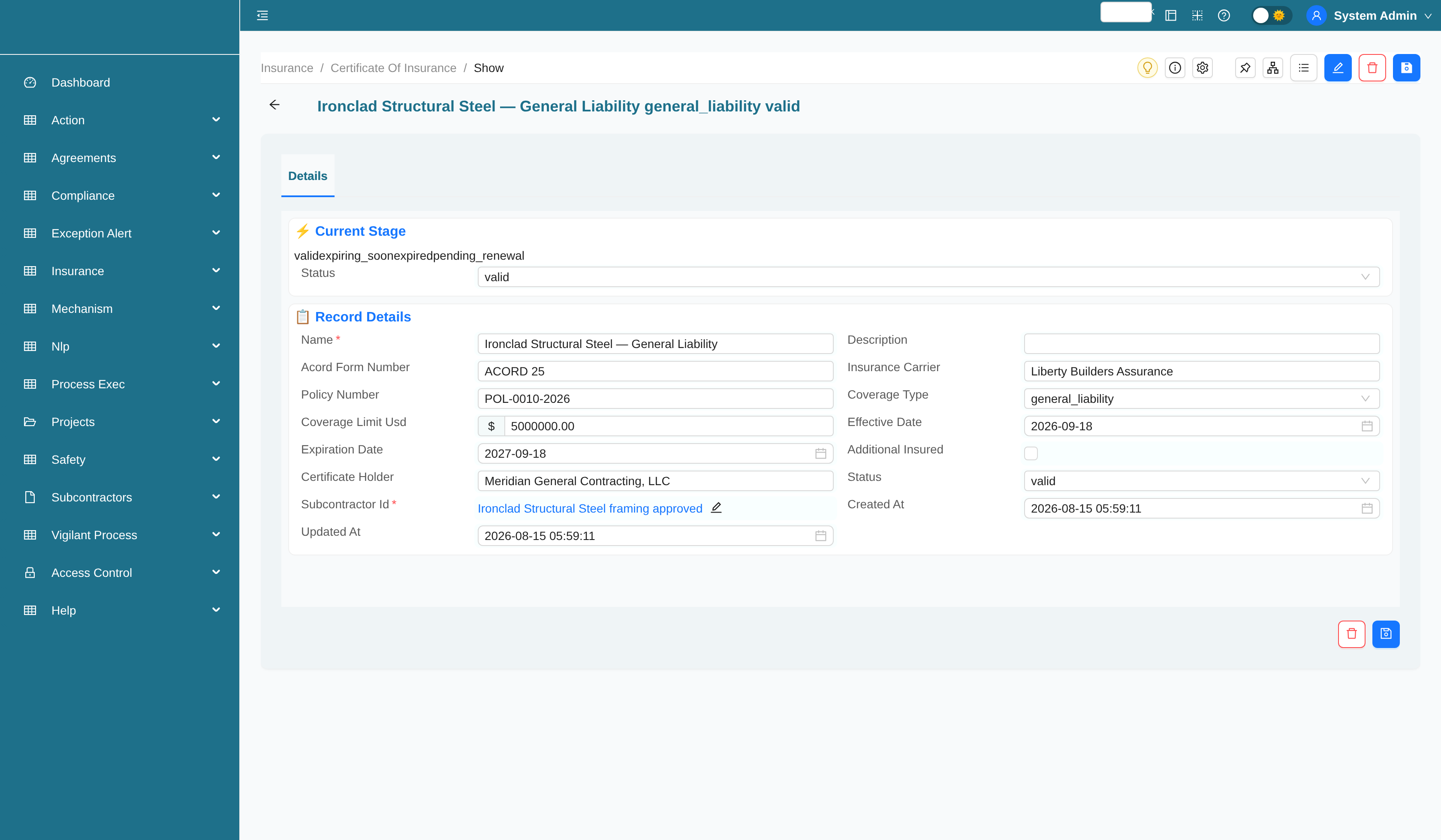 Certificate of insurance record with status workflow stage bar