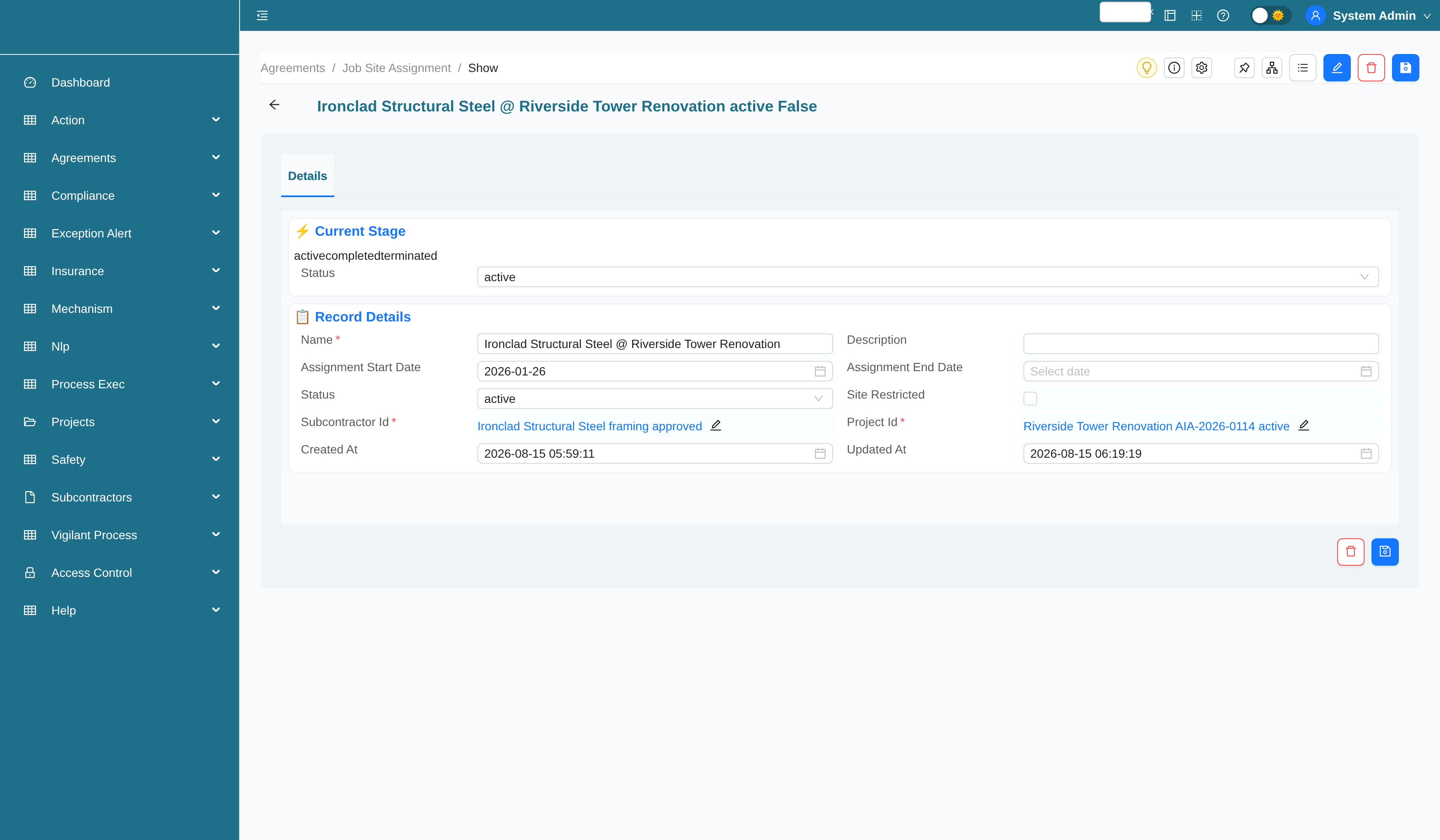 Job site assignment record with access status