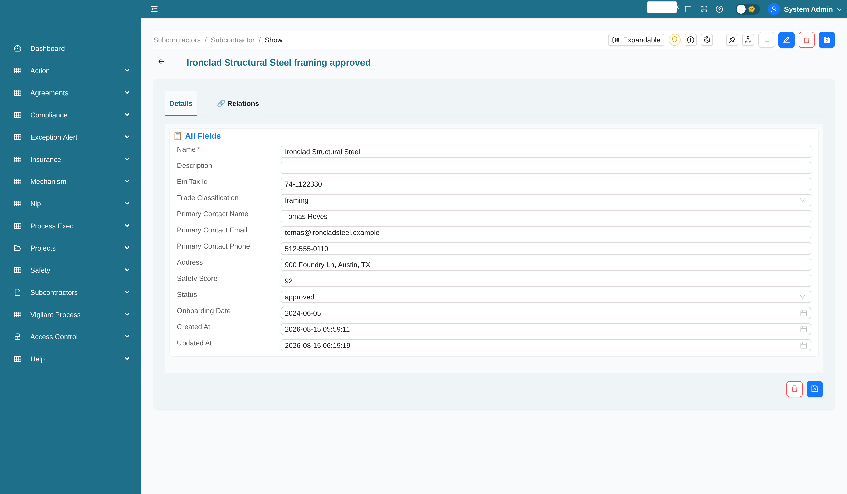 Subcontractor record with related agreements, certificates, and safety incidents