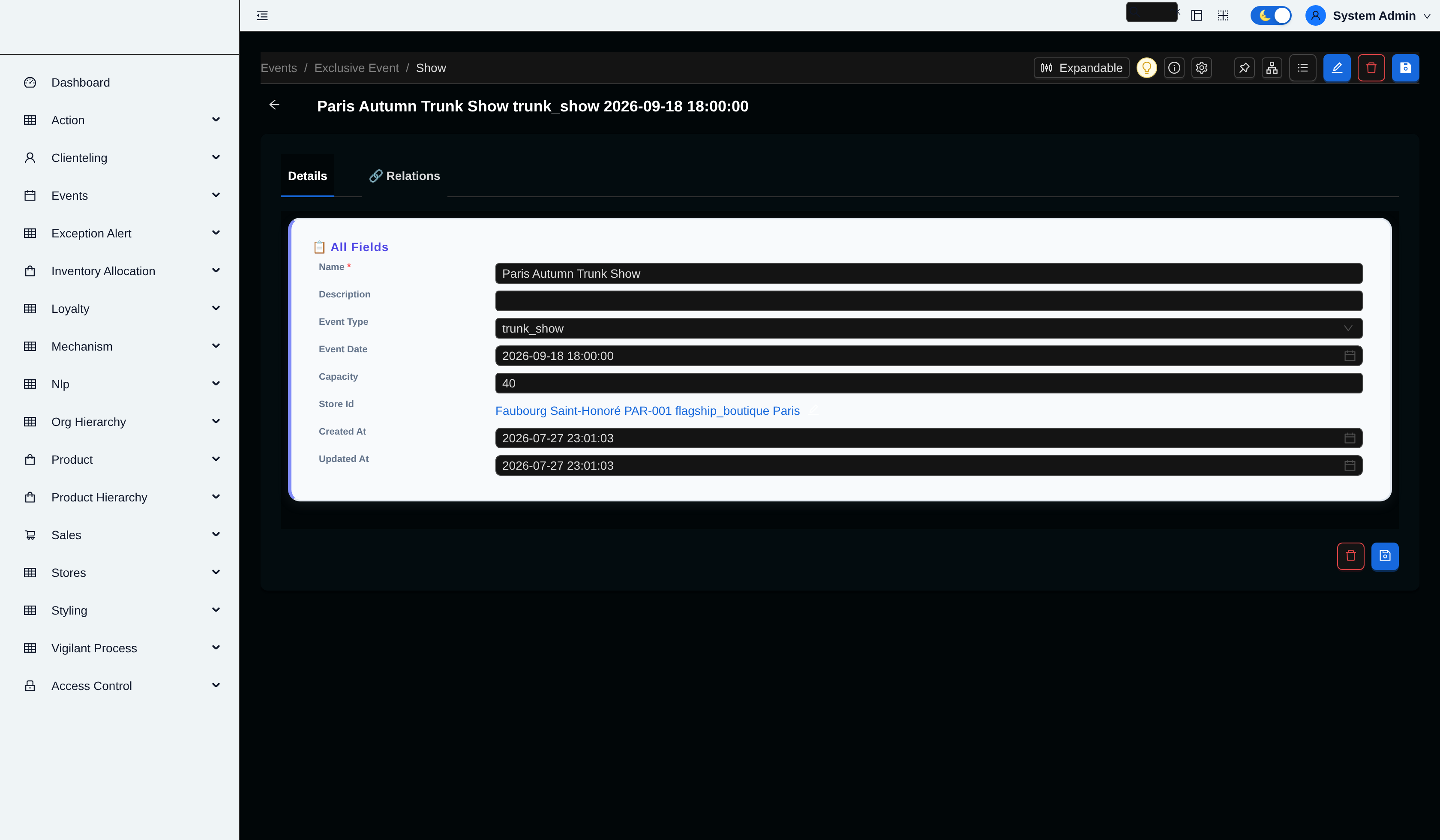 Exclusive event record with type, date, and capacity
