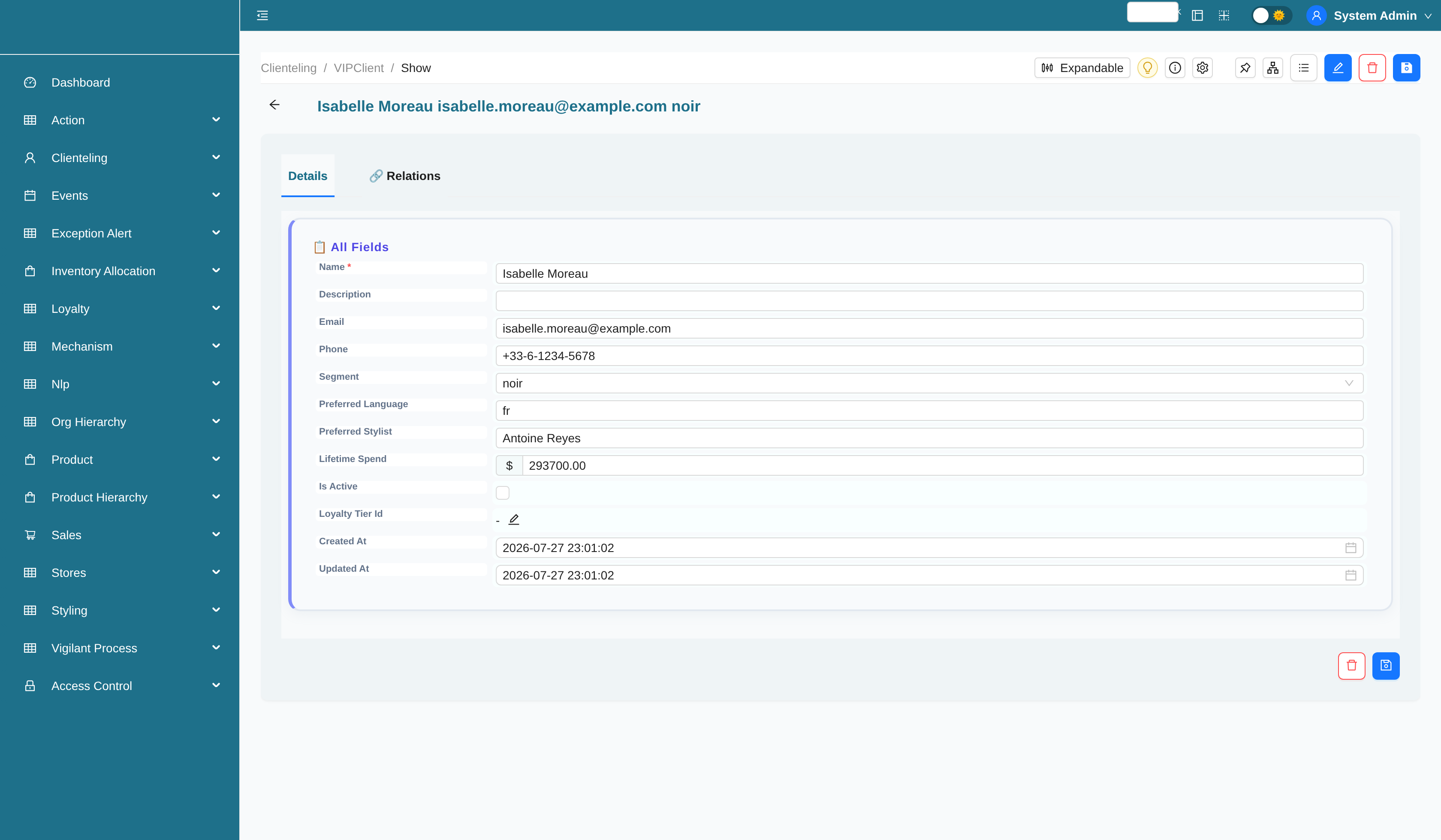VIP client profile with segment, preferences, lifetime spend, and loyalty tier