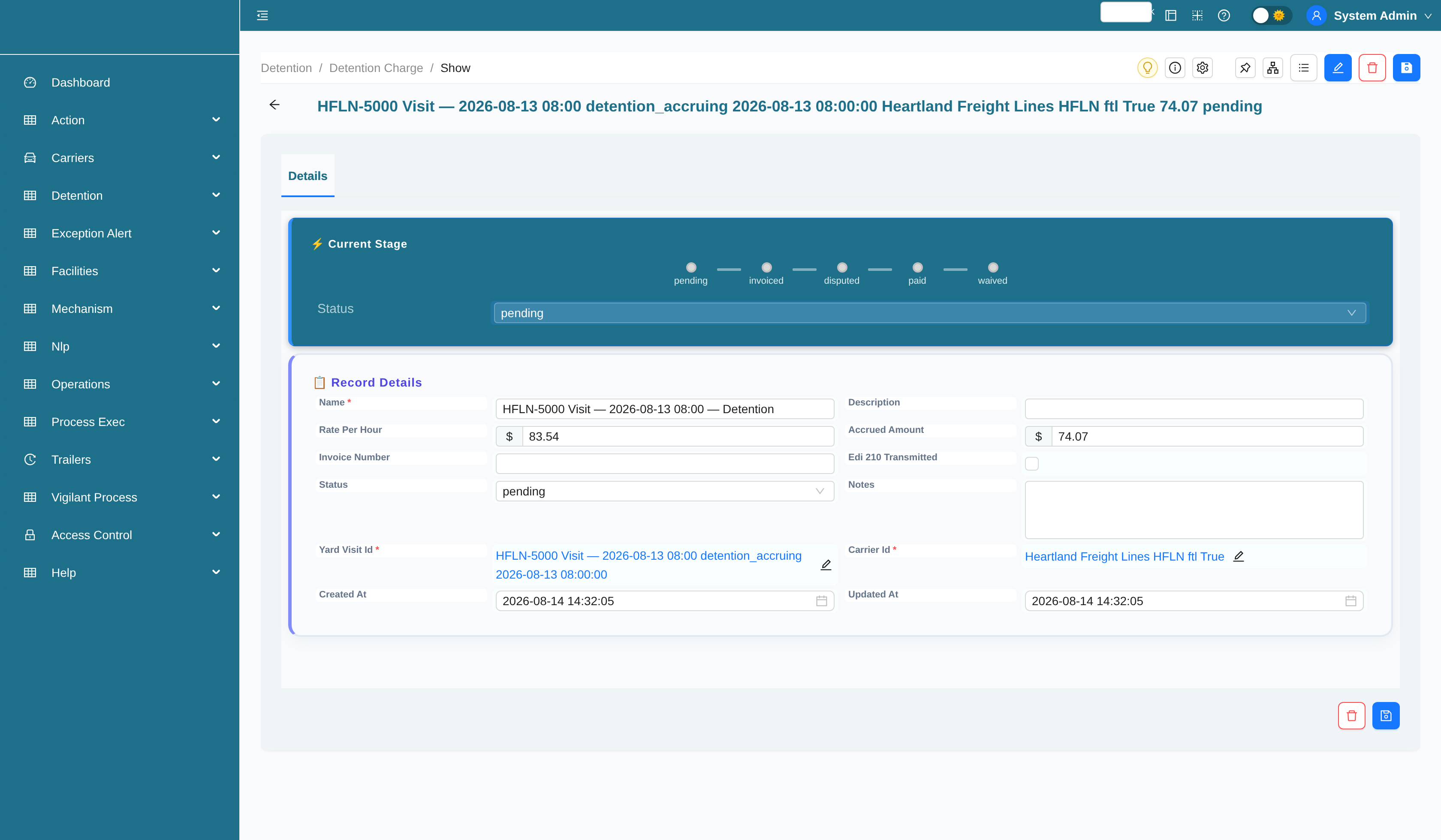 Detention charge record with status workflow stage bar